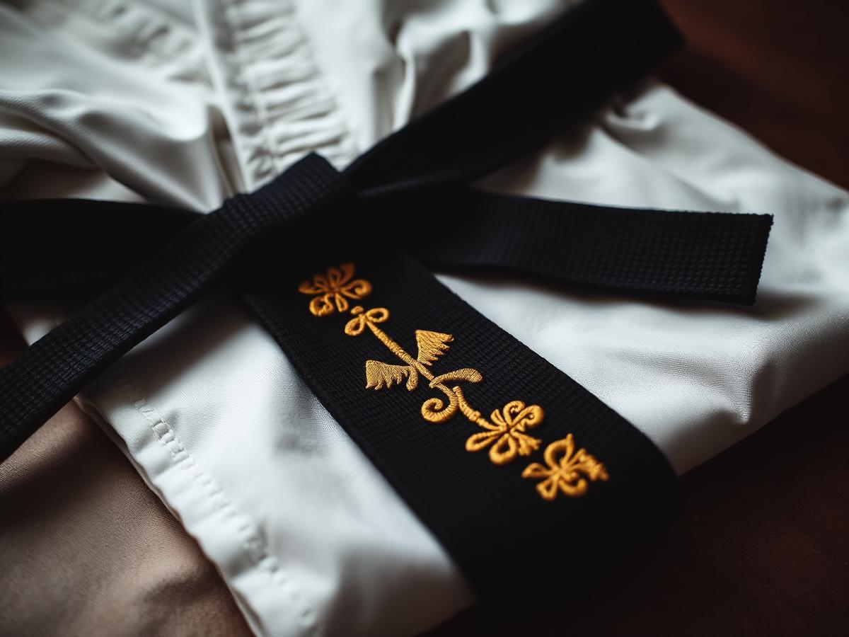 Sort taekwondo-bælte med guldbroderi